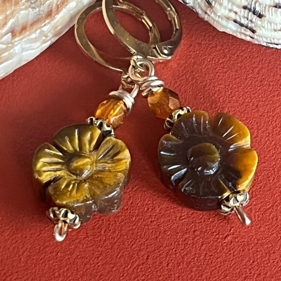 Tiger’s Eye Earrings, Golden Brown Gemstone, Carved Gemstone Flower - Picture 1 of 6